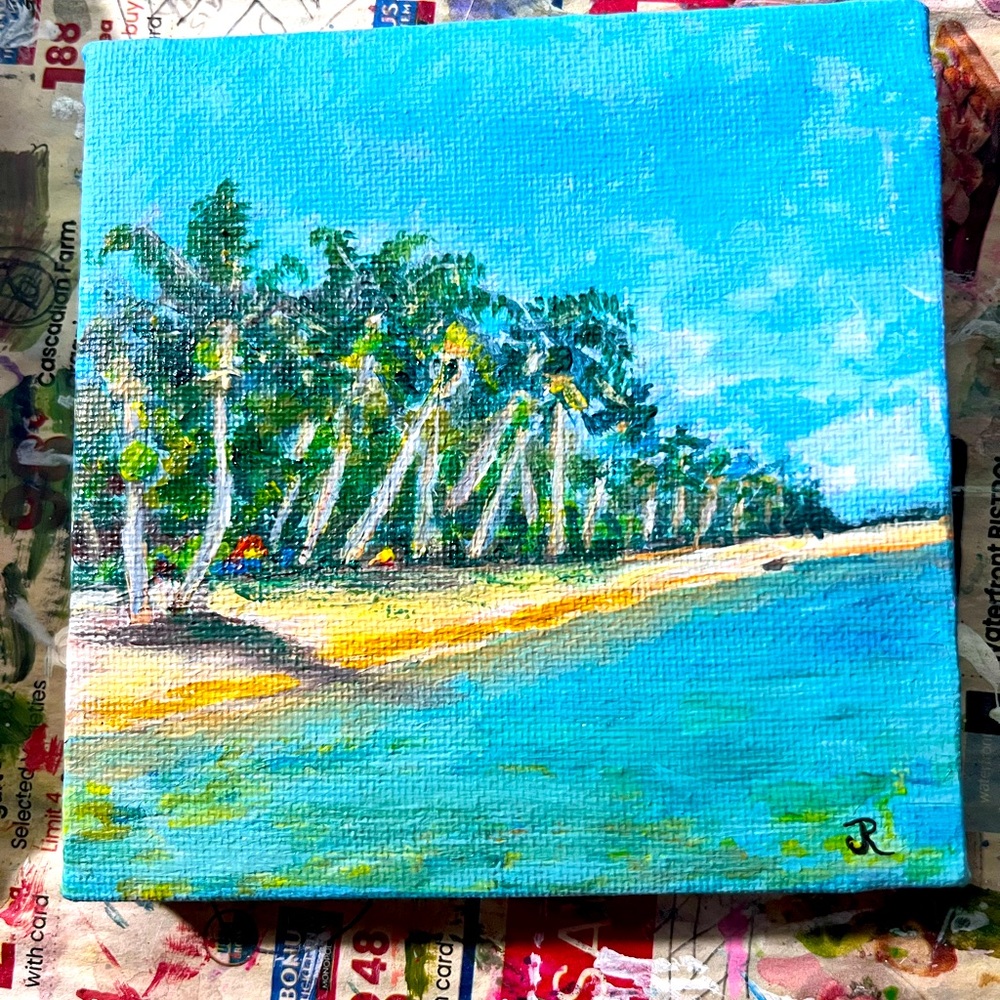 Original acrylic mini painting of tropical beach 4x4”